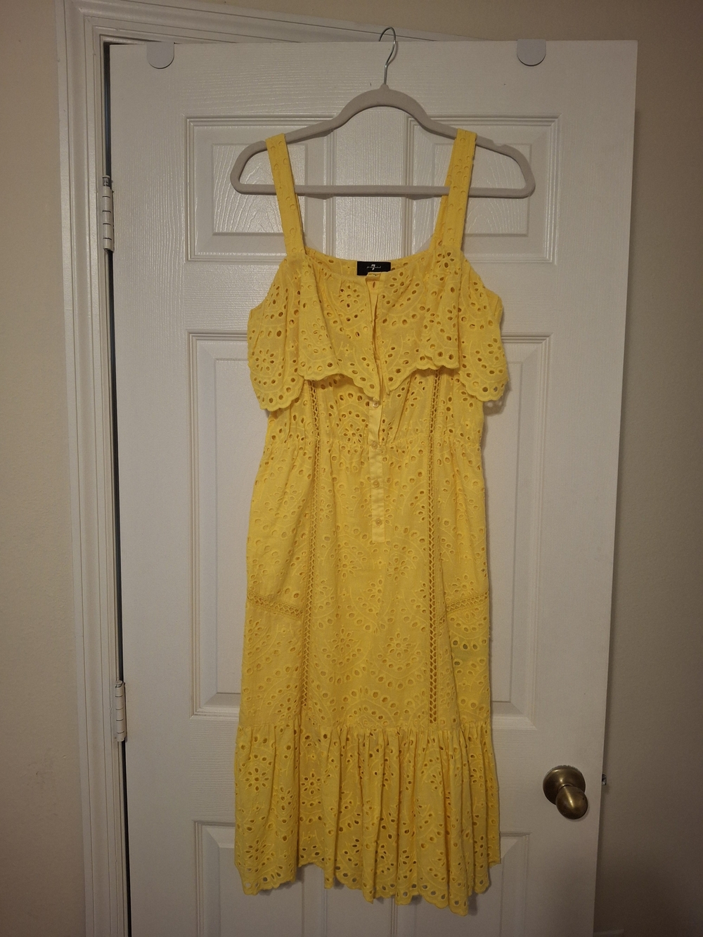 7 For All Mankind Yellow Eyelet Midi Dress with Ruffle